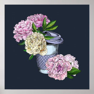 Poster Café et pivoines