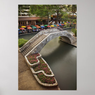 Poster Café extérieur le long de River Walk et pont au-