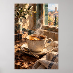Poster Café fumant près d'une fenêtre ensoleillée – Matin