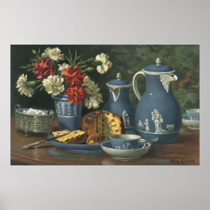Poster Café, gâteau, thé et fleurs vintages l'après-midi