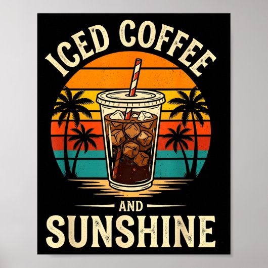Poster Café glacé et soleil drôle d'été rétro (Devant)