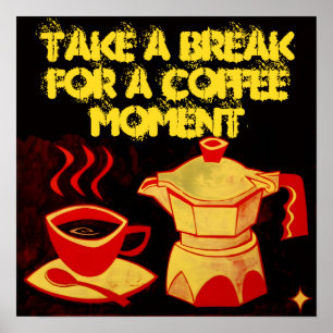 Poster CAFÉ MOMENT /Coupe et café jaune rouge