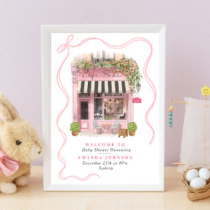 Poster Cafe Parisien Bonjour Bebe Arc Rose Baby Shower