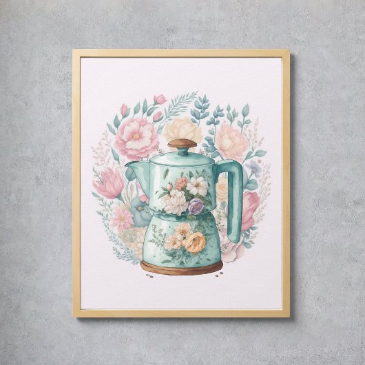 Poster Café rose Floral Kettle Aquarelle Cuisine