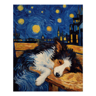 Poster Cafe Terrace at Night - Border Collie Dog 001 - Qi