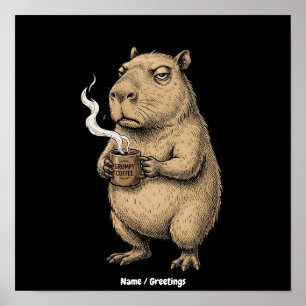 Poster Cafetière grumpy Capybara Croquis à l'encre vintag