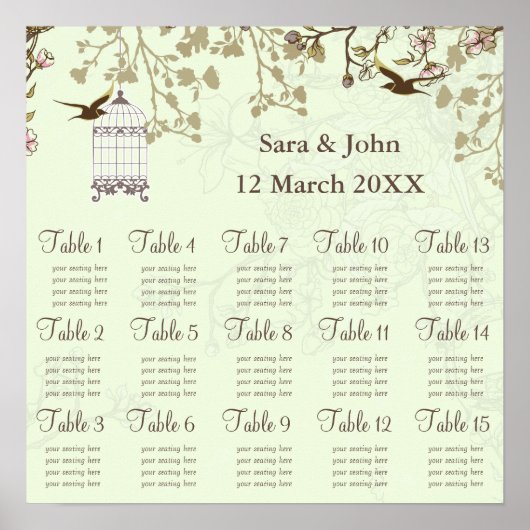 Poster cage d'oiseau vert fleuri, inséparables Carte de s (Devant)