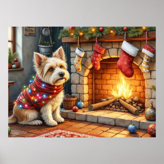 Poster Cairn Terrier Sitting Fireplace Christmas Lights (Devant)