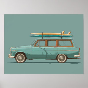 Poster Caisse de Surf Vintage – Voiture de Plage Rétro