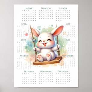 Poster Calendrier 1 page 2026 Lapin mignon sur balançoire