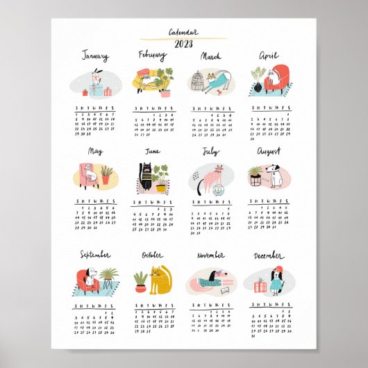 Poster Calendrier 2023 Cartoon mignon Chats et Chiens (Devant)