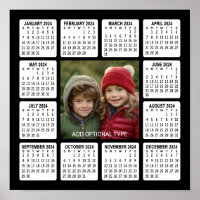 Impression Photo Calendrier 2024 12 mois Mur de bureau noir et blan