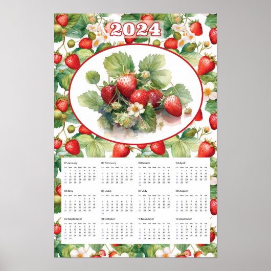 Poster Calendrier 2024 Fraises Vintage Aquarelle (Devant)