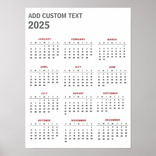 Poster Calendrier 2025 avec texte personnalisé à la mode (Devant)