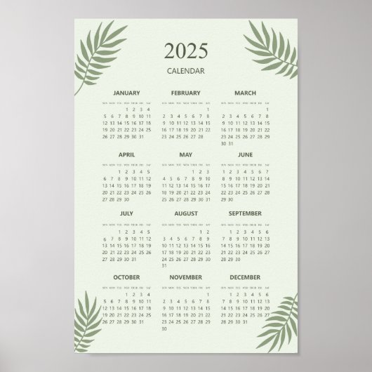 Poster Calendrier 2025 Boho Floral Esthétique Vert (Devant)