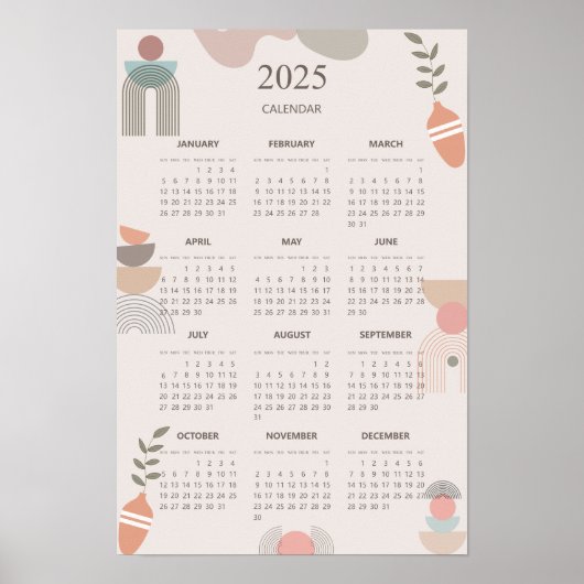 Poster Calendrier 2025 Boho Milieu du Siècle Abstrait Min (Devant)