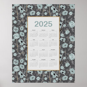 Poster Calendrier 2025 Pleine année Gris Bleu Poppies