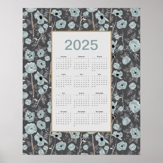 Poster Calendrier 2025 Pleine année Gris Bleu Poppies (Devant)