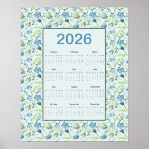 Poster Calendrier 2026 année complète floral bleu