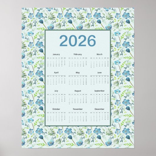 Poster Calendrier 2026 année complète floral bleu (Devant)
