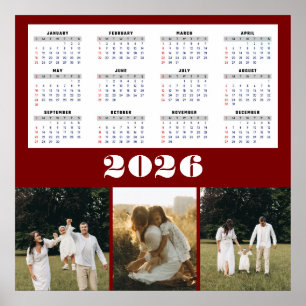 Poster Calendrier 2026 avec fond bordeaux