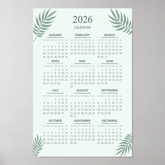Poster Calendrier 2026 Boho Floral Esthétique Vert Menthe (Devant)