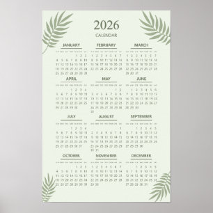 Poster Calendrier 2026 Boho Floral Esthétique Vert Sauge