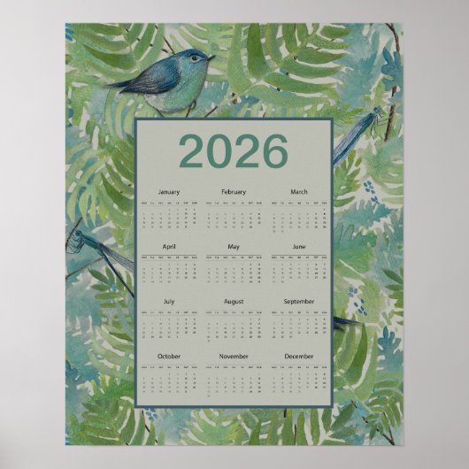 Poster Calendrier 2026 des oiseaux de fougères (Devant)