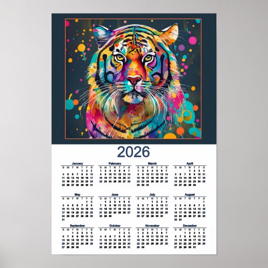 Poster Calendrier 2026 du Tigre aquarelle éblouissant  (Devant)