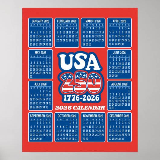 Poster Calendrier 2026 - États-Unis 250 Rouge Blanc Bleu (Devant)