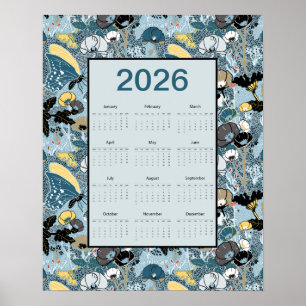 Poster Calendrier 2026 pleine année floral papillons