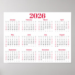 Poster Calendrier 2026 simple rouge et blanc