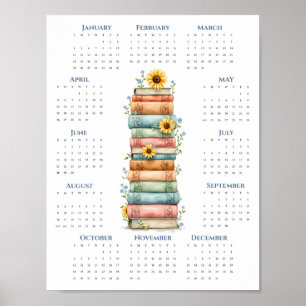 Poster Calendrier 2026 sur une page Empilement de livres