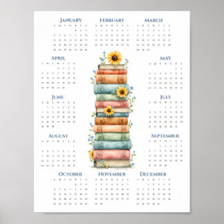 Poster Calendrier 2026 sur une page Empilement de livres