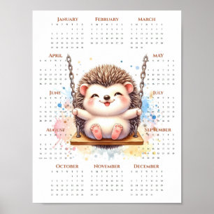 Poster Calendrier 2026 sur une page Hérisson mignon sur b