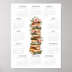 Poster Calendrier 2026 sur une page Livres anciens et ros