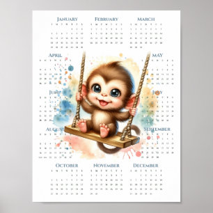 Poster Calendrier 2026 sur une page Singe mignon sur bala