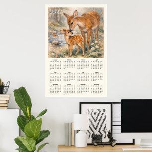 Poster Calendrier 2027 - Aquarelle vintage de cerf et fao
