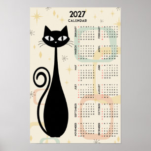 Poster Calendrier 2027 Chat Noir Rétro Atomique Milieu de