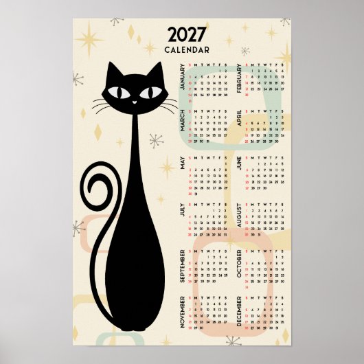 Poster Calendrier 2027 Chat Noir Rétro Atomique Milieu de (Devant)