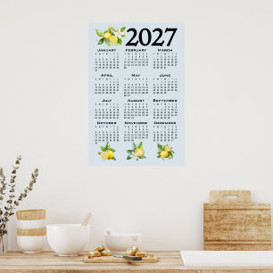Poster Calendrier 2027 de style italien Citrons Fond bleu