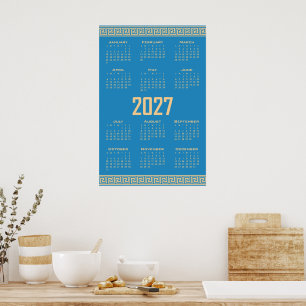 Poster Calendrier 2027, Frette Grecque, Beige sur Bleu Co
