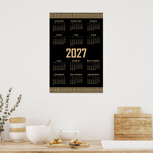 Poster Calendrier 2027, Frette Grecque, Beige sur Noir
