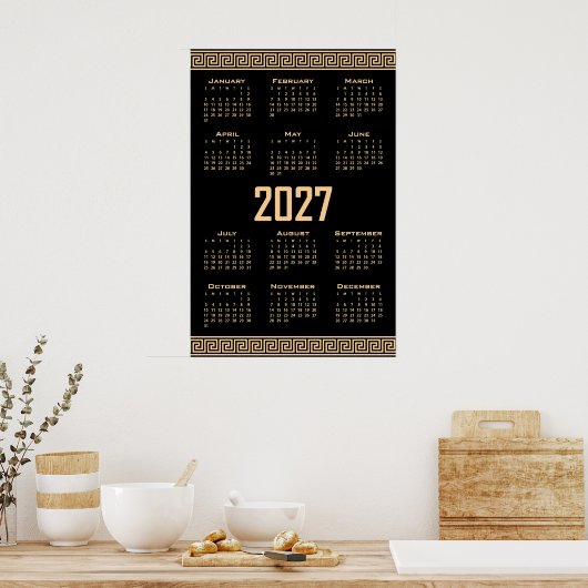 Poster Calendrier 2027, Frette Grecque, Beige sur Noir (Cuisine)