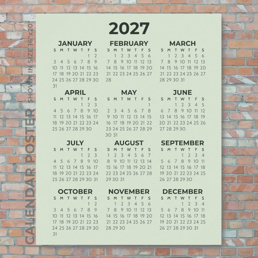 Poster Calendrier 2027 Simple Basique Vert Sauge Mural