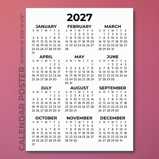 Poster Calendrier 2027 Simple de Base Noir et Blanc