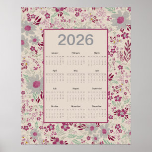 Poster Calendrier à motif floral gris rose 2026