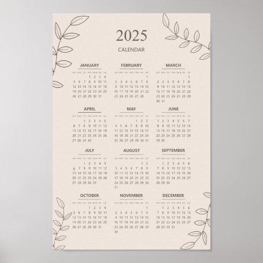 Poster Calendrier annuel 2025 Art en ligne floral Minimal (Devant)