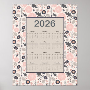 Poster Calendrier annuel 2026 Rose Gris Botanique