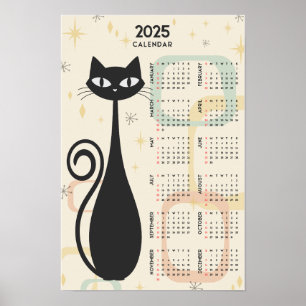 Poster Calendrier Atomique Rétro Chat Noir Milieu de Sièc
